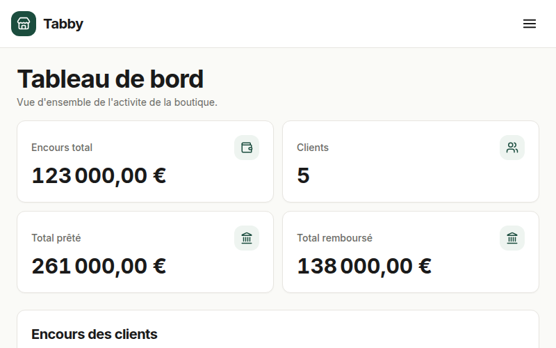 Apercu du tableau de bord Tabby, liste de clients et soldes, en mode demo